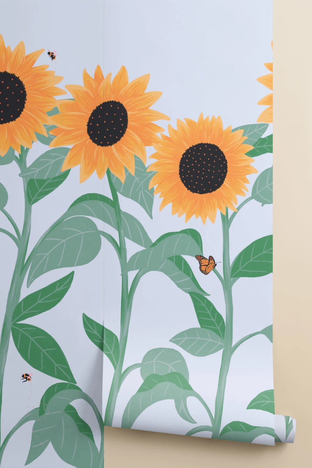 Papier Peint Panoramique Illustré aux Tournesols et Papillons