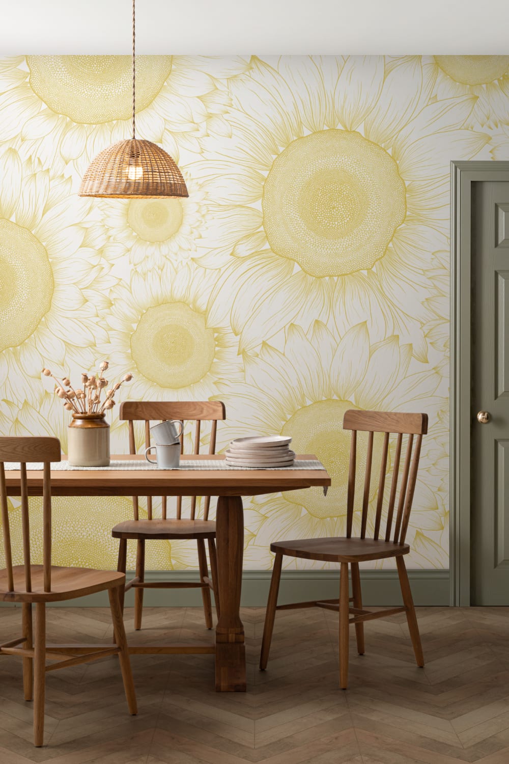 Yellow Sunflower Etch Floral Wallpaper Mural