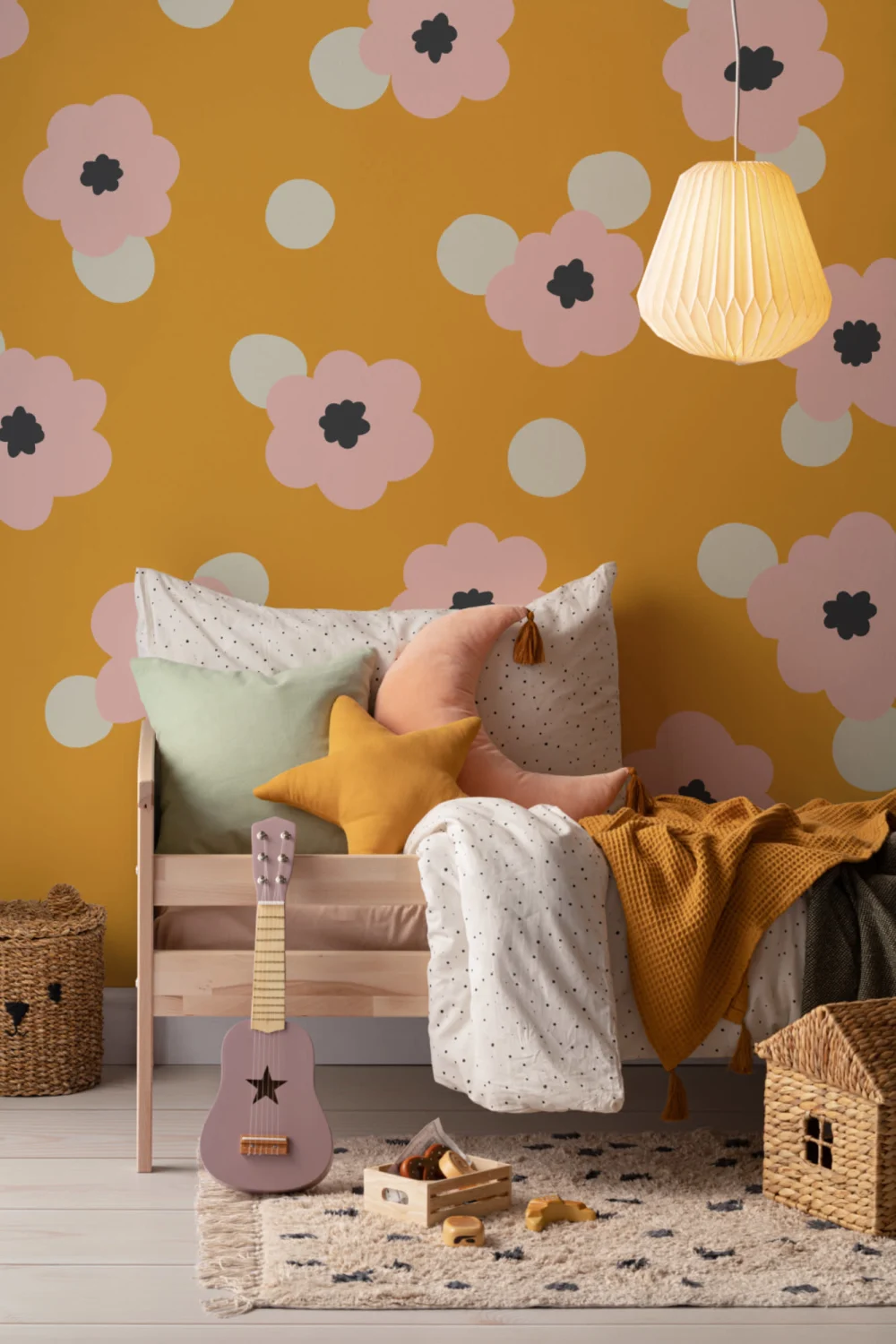 Gul Polka Dot Retro Daisy Floral fototapet