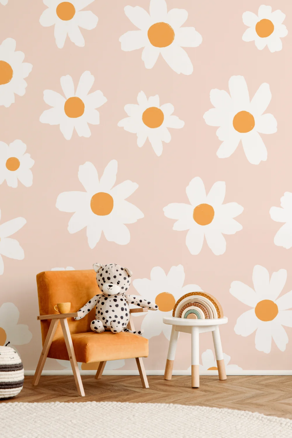 Pink & White Retro Daisy Floral Wallpaper Mural