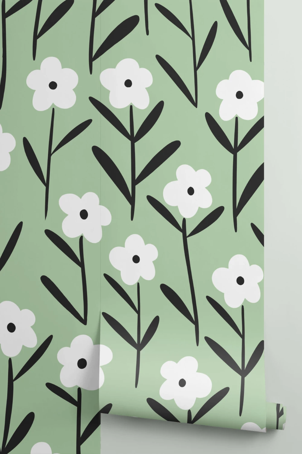 White & Green Retro Floral Wallpaper Mural