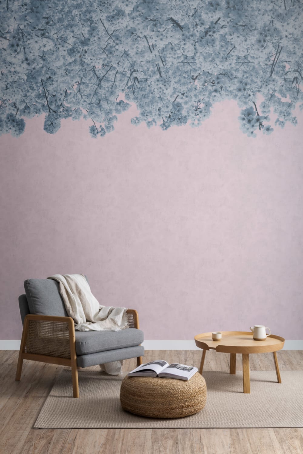 Blue & Pink Sakura Cherry Blossom Tree Wallpaper Mural