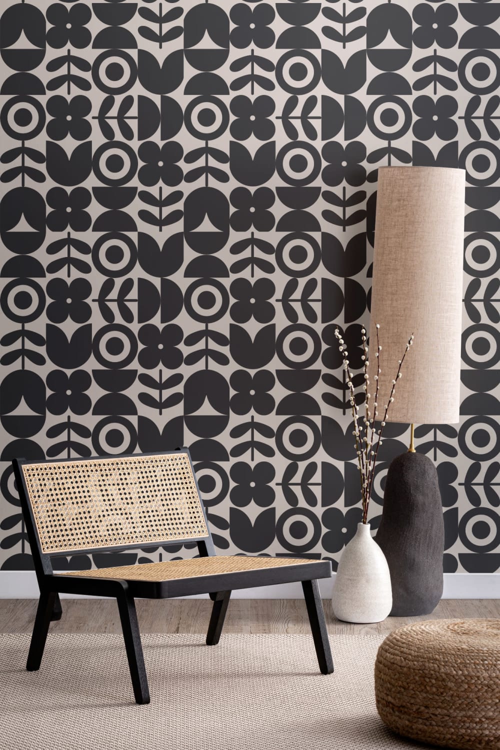 Svart geometrisk retro blomst tapet