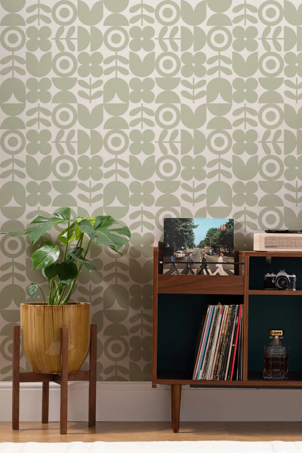 Papel de parede geométrico verde retro com padrão de repetição de flores