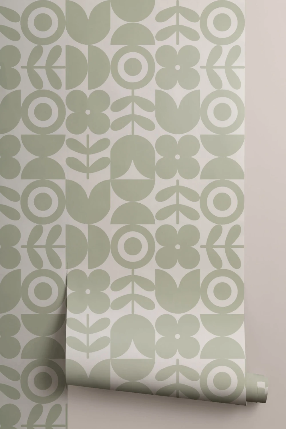 Papel de parede geométrico verde retro com padrão de repetição de flores