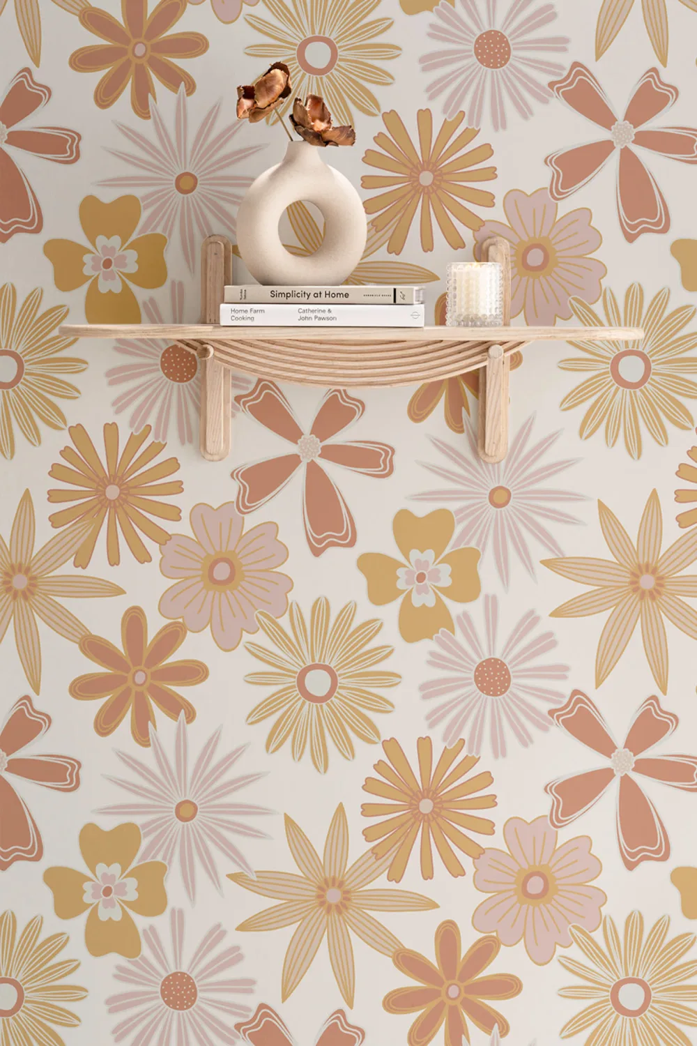 Papel Pintado Estilo Retro Naranja con Motivo Floral de los Años 70
