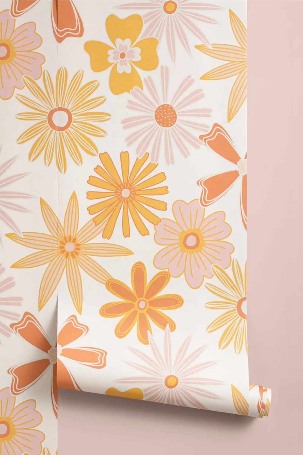 Papel Pintado Estilo Retro Naranja con Motivo Floral de los Años 70