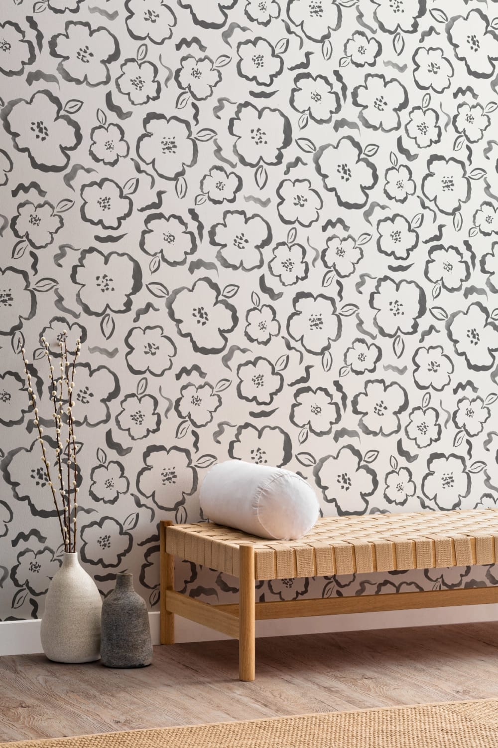 Papel de parede com padrão de repetição floral abstrato de pintura a preto e branco