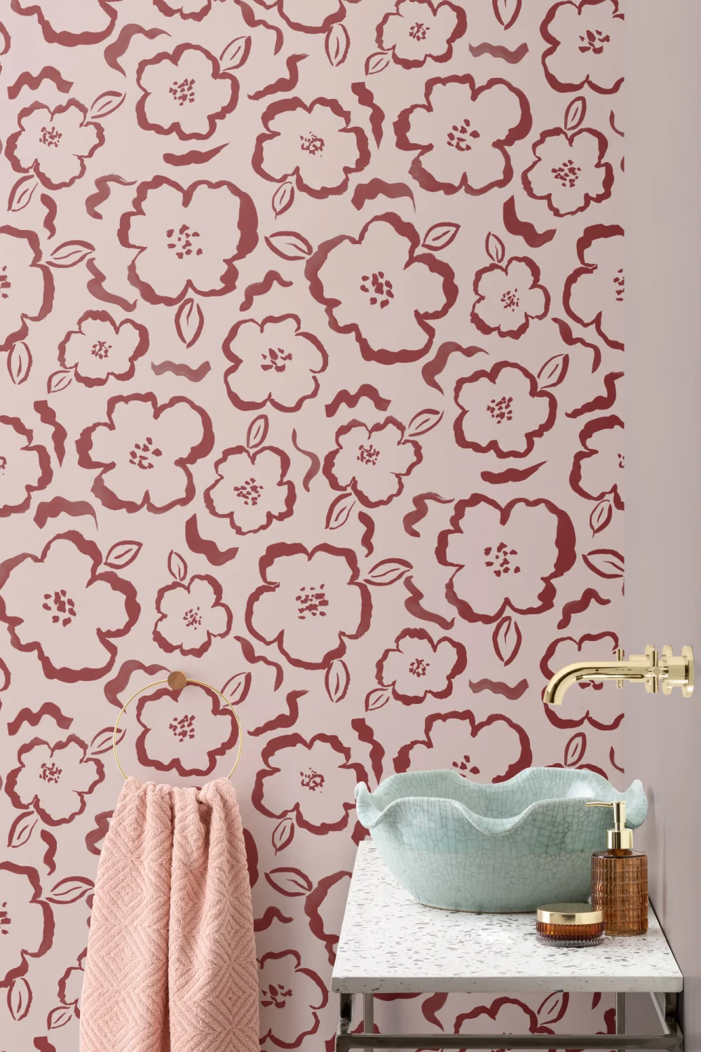 Papel Pintado Rosa y Rojo con Patrón Floral a la Acuarela
