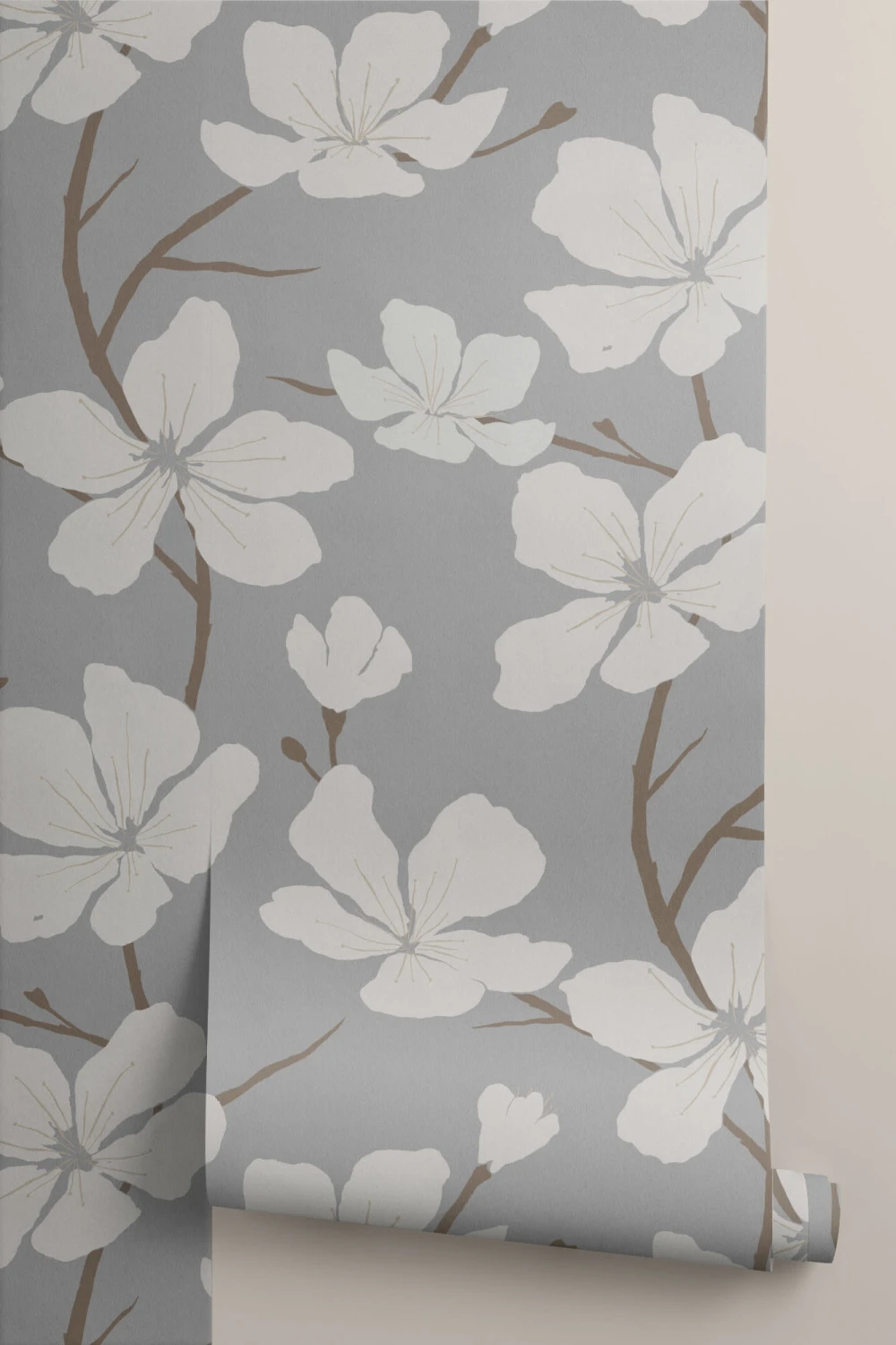 Gray and White Illustrated Blossom Repeat Pattern Wallpaper