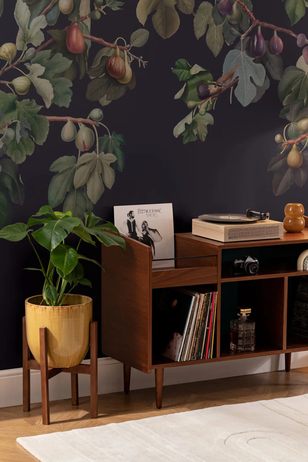 Vintage Dark Botanical Fig Tree Wallpaper Mural