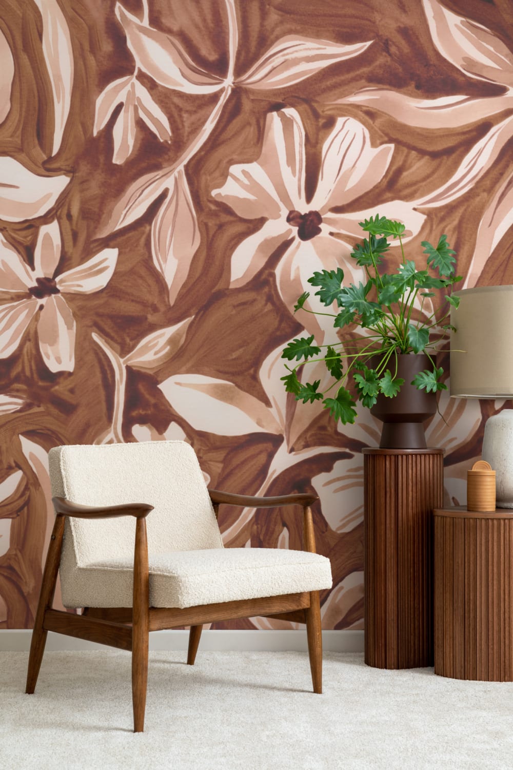 Mural com padrão botânico floral castanho elegante
