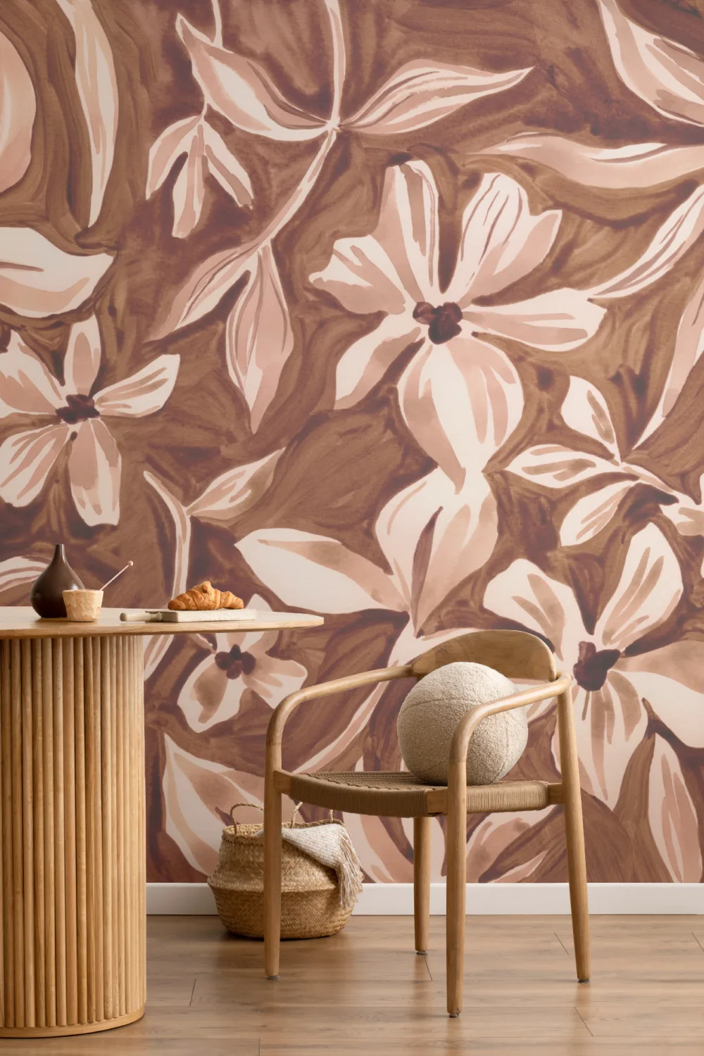 Mural com padrão botânico floral castanho elegante