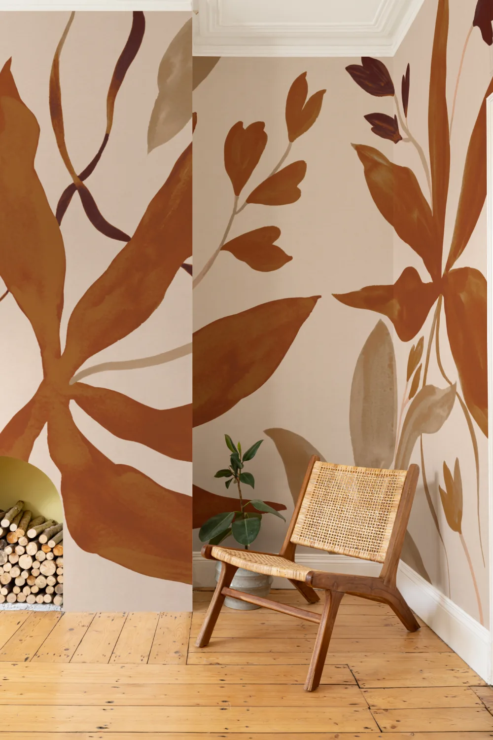 Carta da parati Art Deco botanica arancione per un tocco chic e rilassato