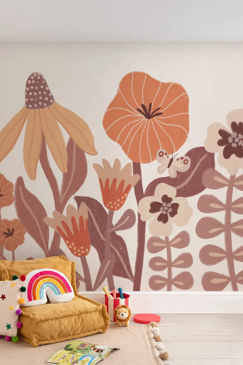 Copii portocalii  Murală retro cu flori scandinave