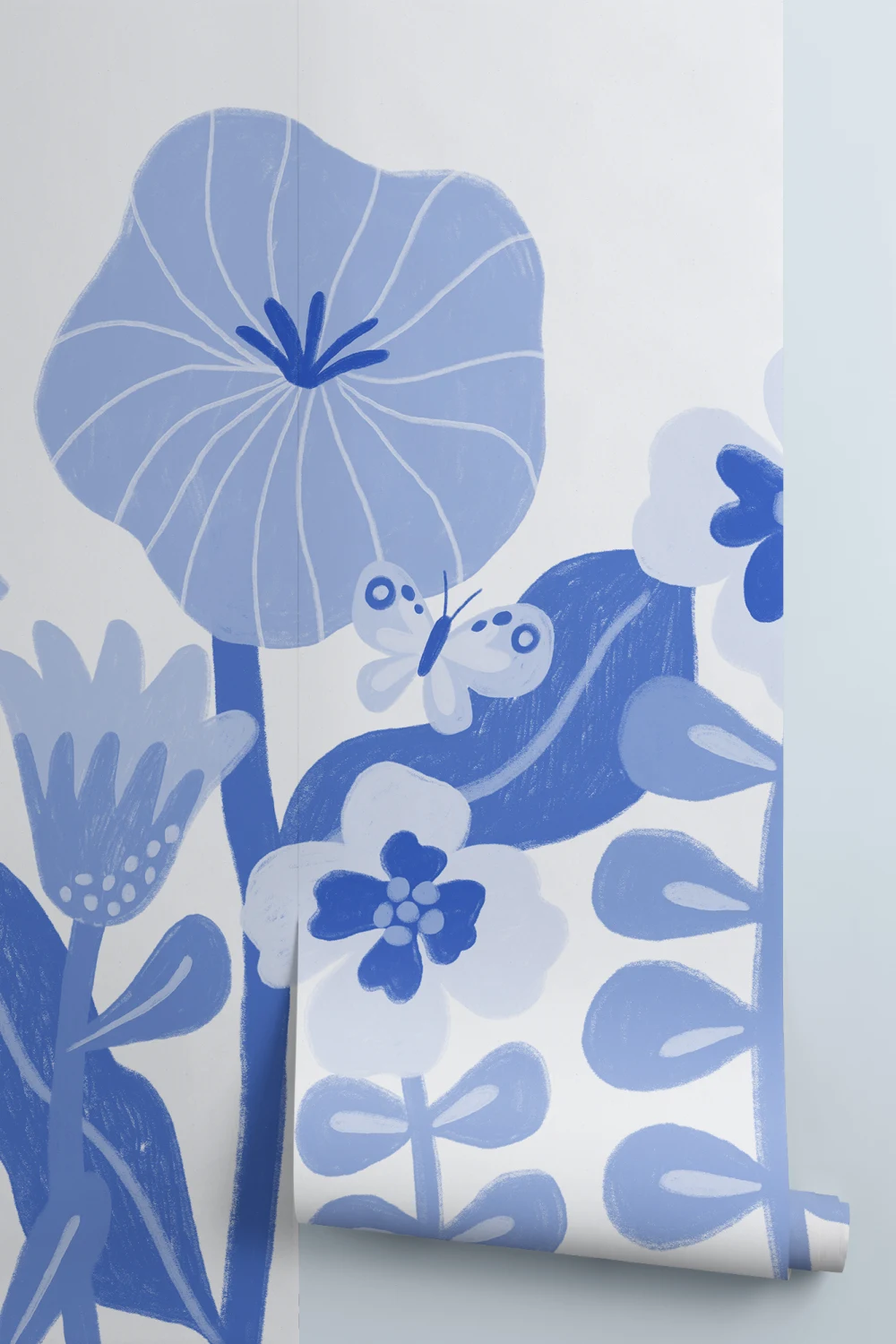 Murale blu per bambini con fiori scandinavi retrò