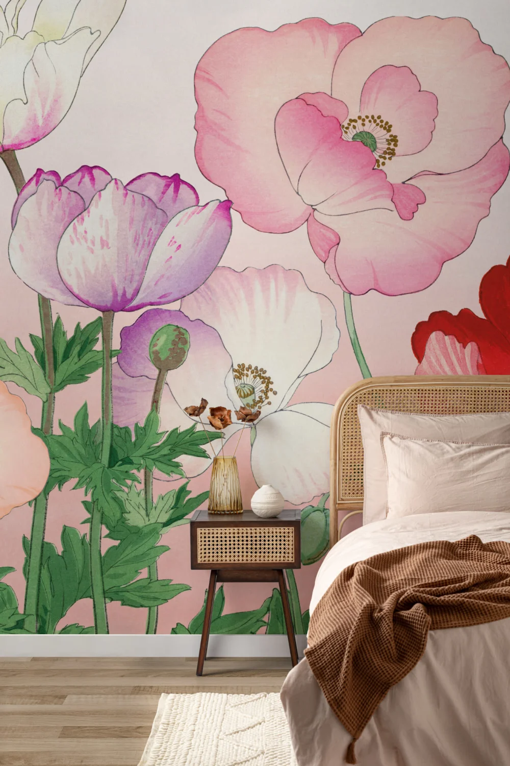 Roz Poppy japoneză acuarelă Floral Mural