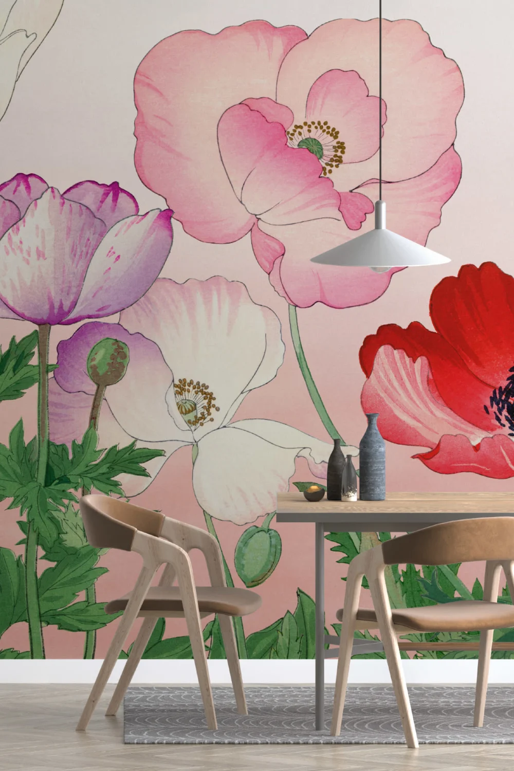 Roz Poppy japoneză acuarelă Floral Mural