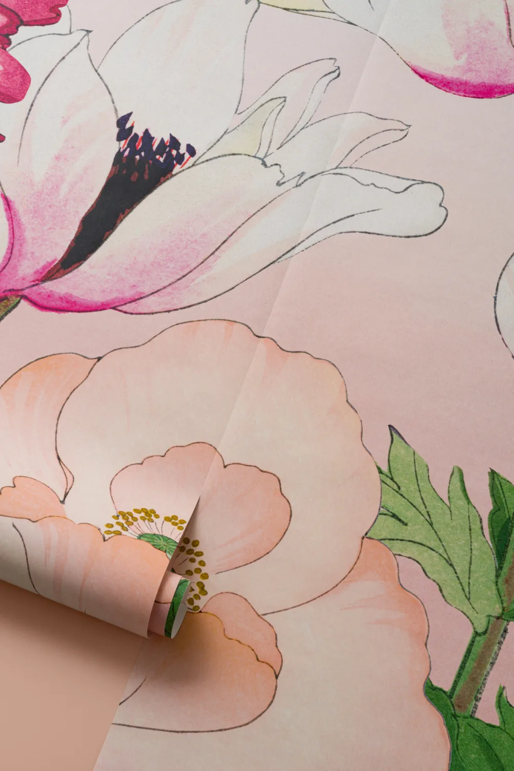 Roz Poppy japoneză acuarelă Floral Mural