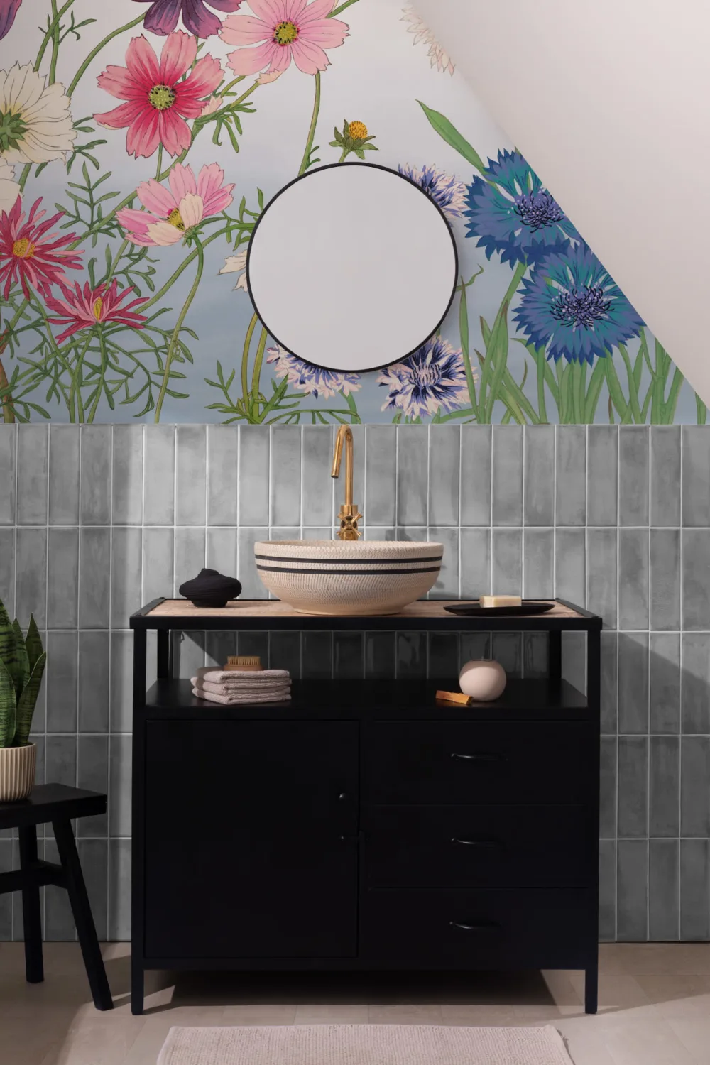 Cosmos Japanese Watercolor Floral Mural