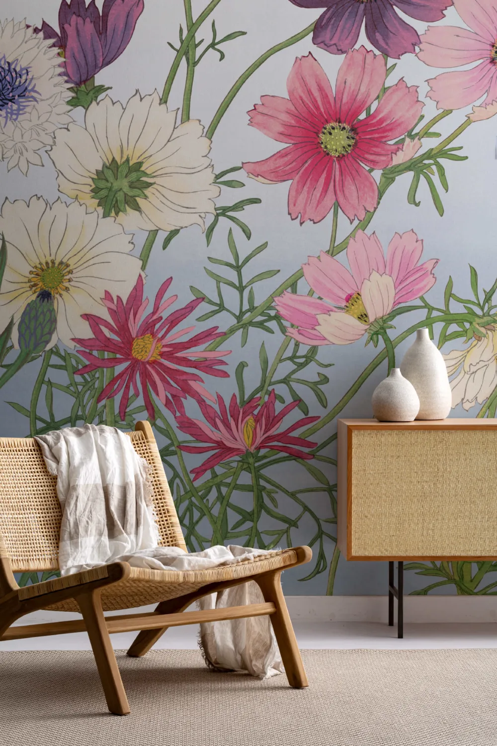Cosmos Japanese Watercolor Floral Mural