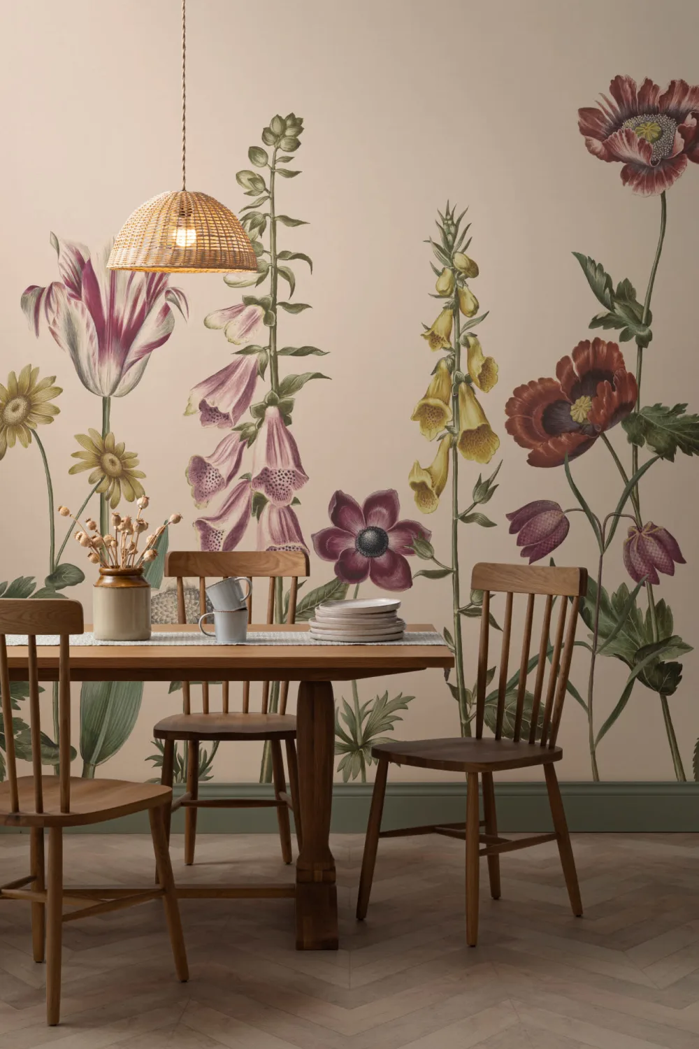 Mural ilustrado de flores silvestres en beige