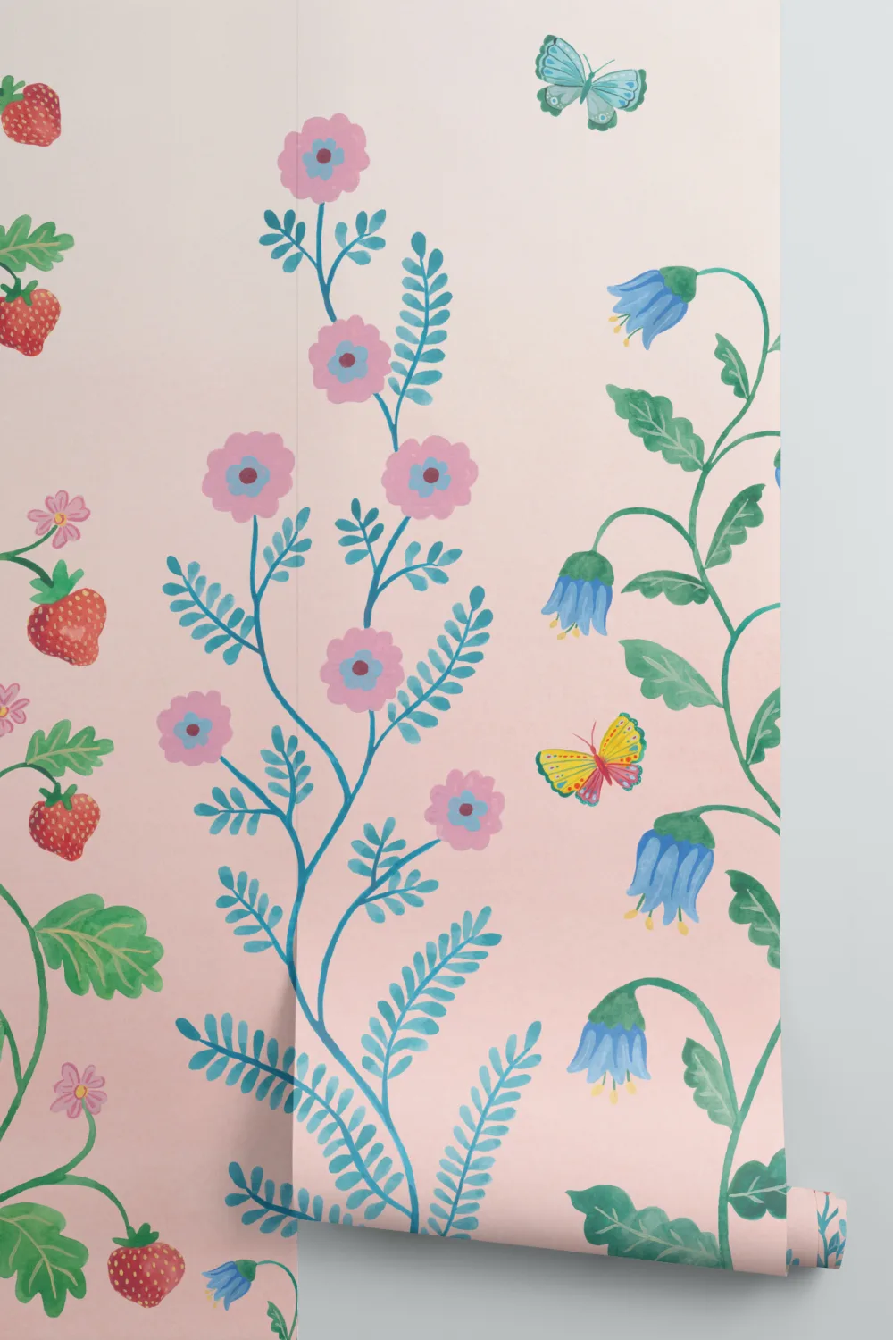 Carta da parati rosa con piante rampicanti