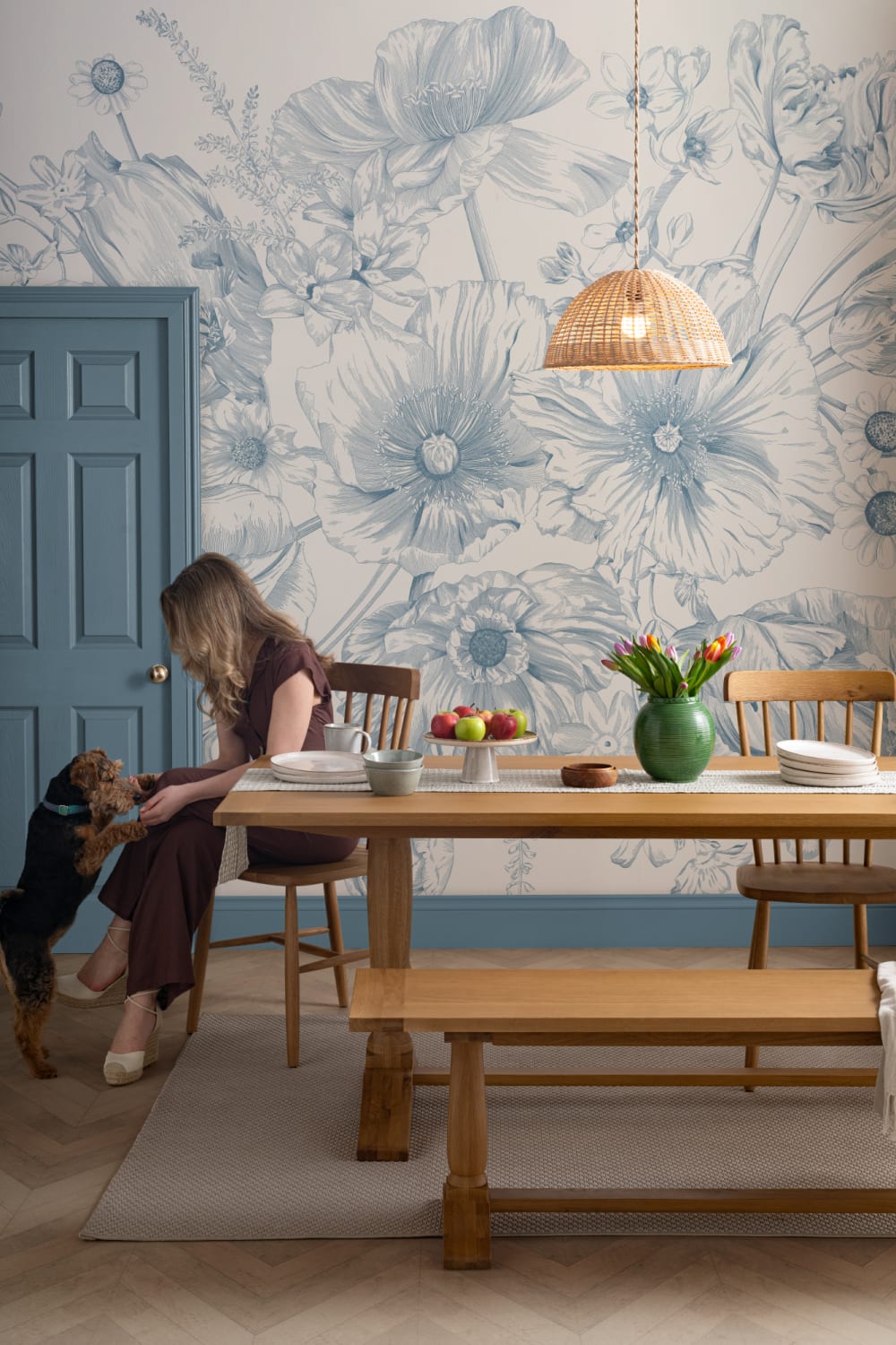 Blue Illustrated Floral Bouquet Mural