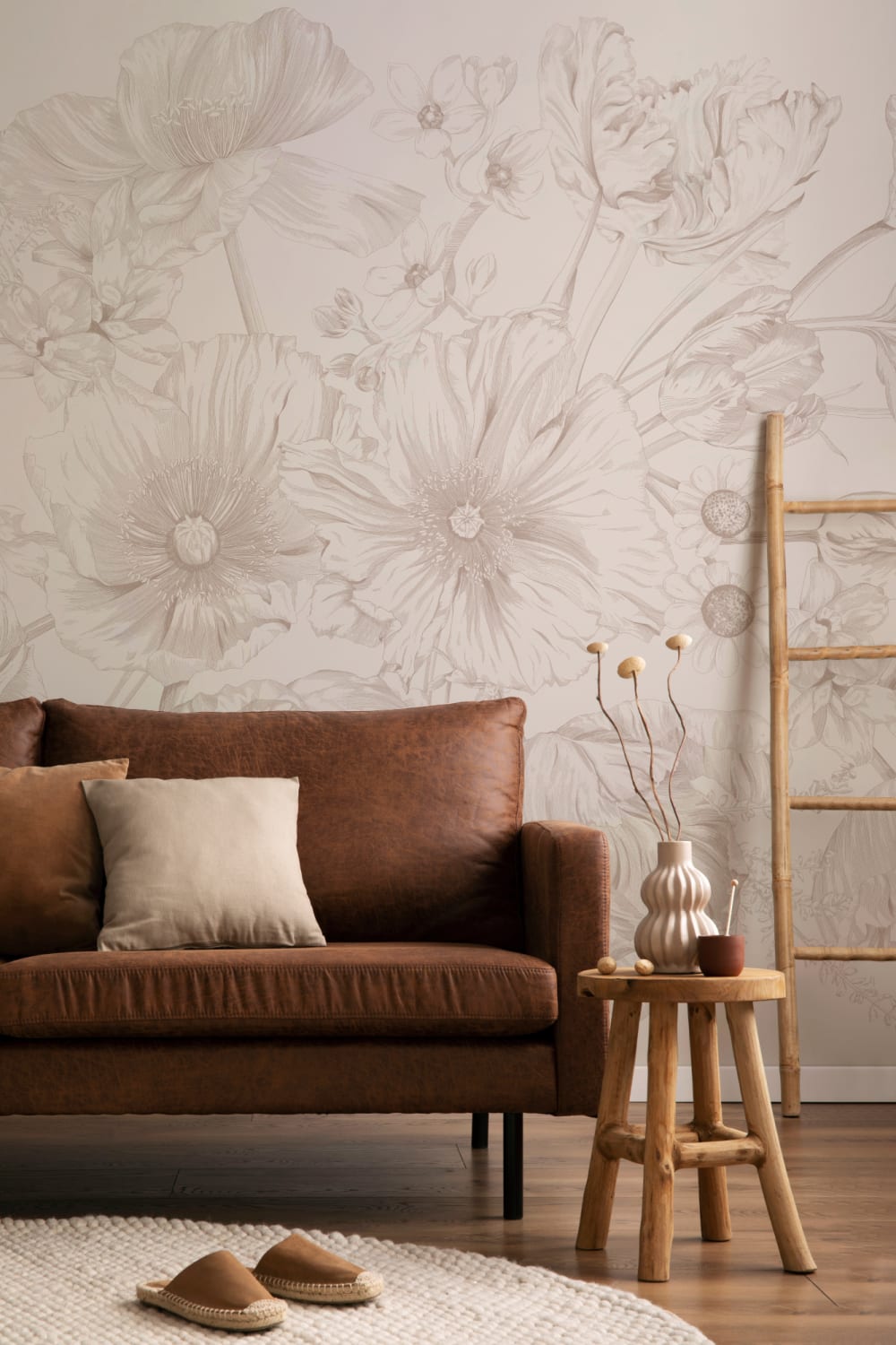 Beige illustreret fototapet med blomsterbuketter