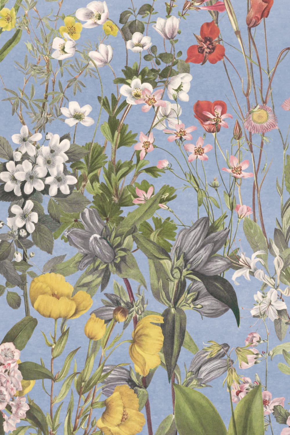 Blauwe muurschildering van wilde bloemen en vlinders