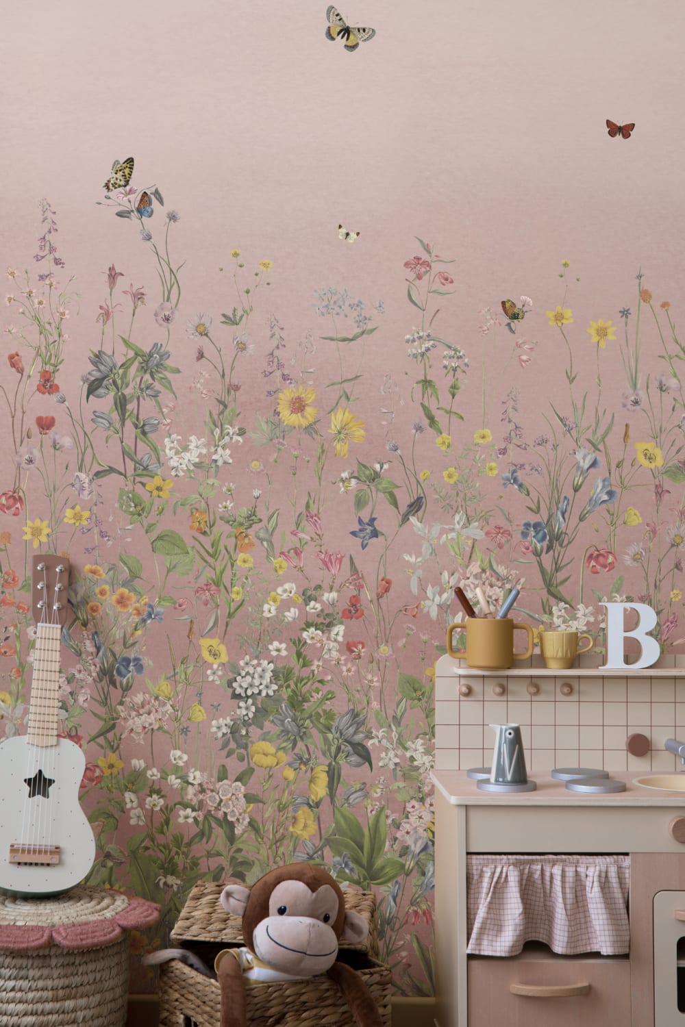 Pink Ombre Wildflower and Butterfly Mural