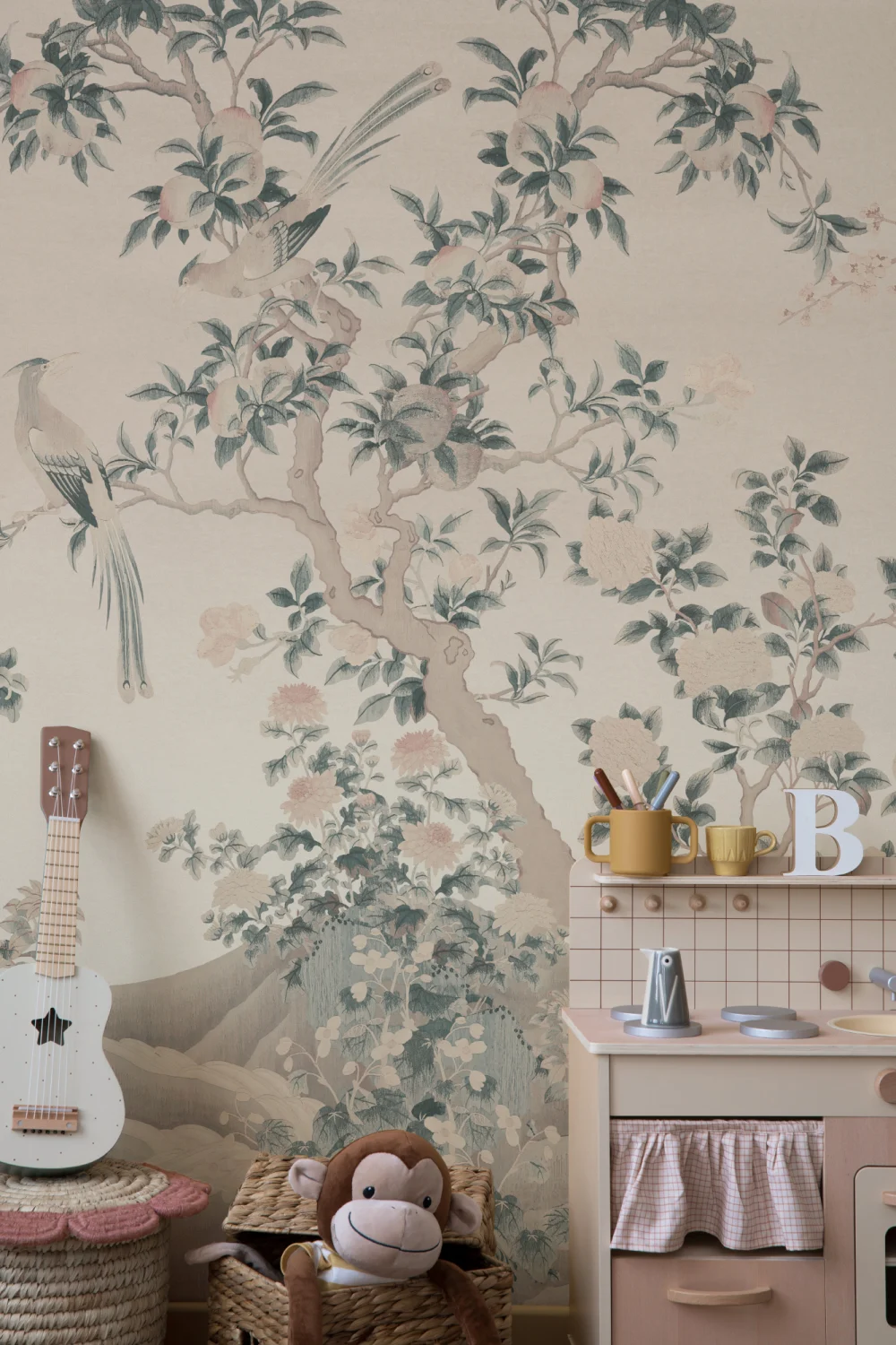 Pink Chinoiserie Vintage Garden Scene Mural