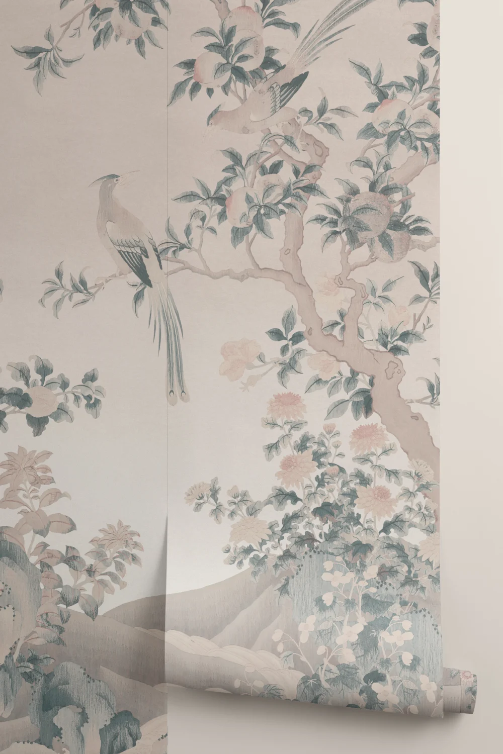 Pink Chinoiserie Vintage Garden Scene Mural