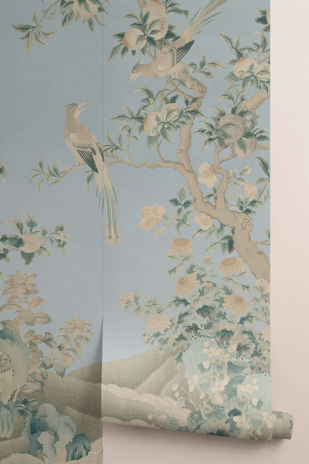Blue Chinoiserie Vintage Garden Scene Mural