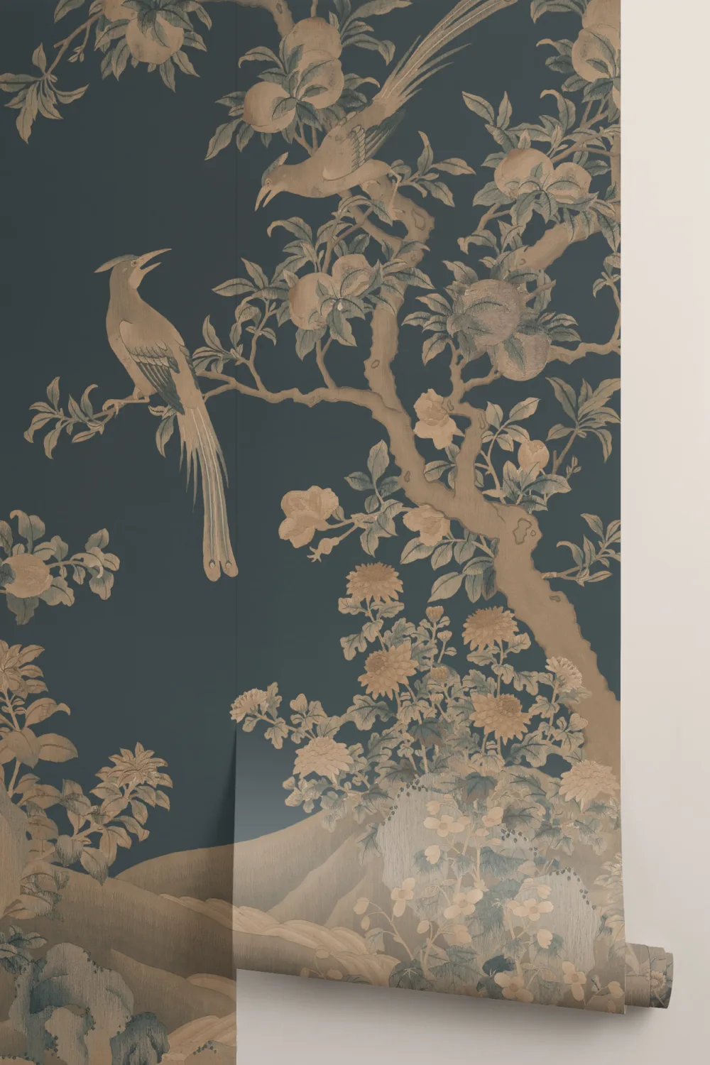 Navy Chinoiserie Vintage Garden Scene Mural