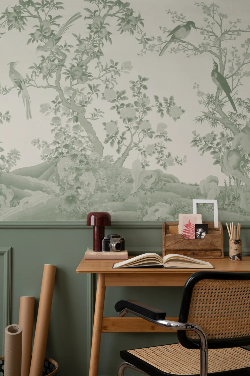 Tonal Green Chinoiserie Vintage Garden Scene Mural