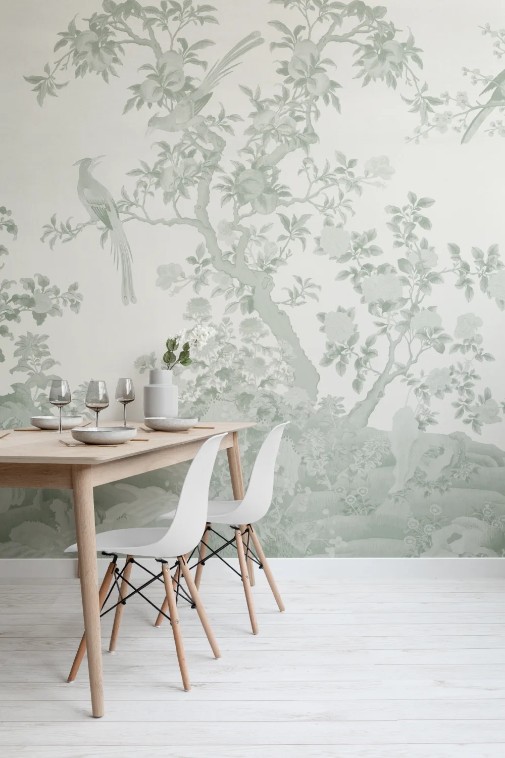 Tonal Green Chinoiserie Vintage Garden Scene Mural