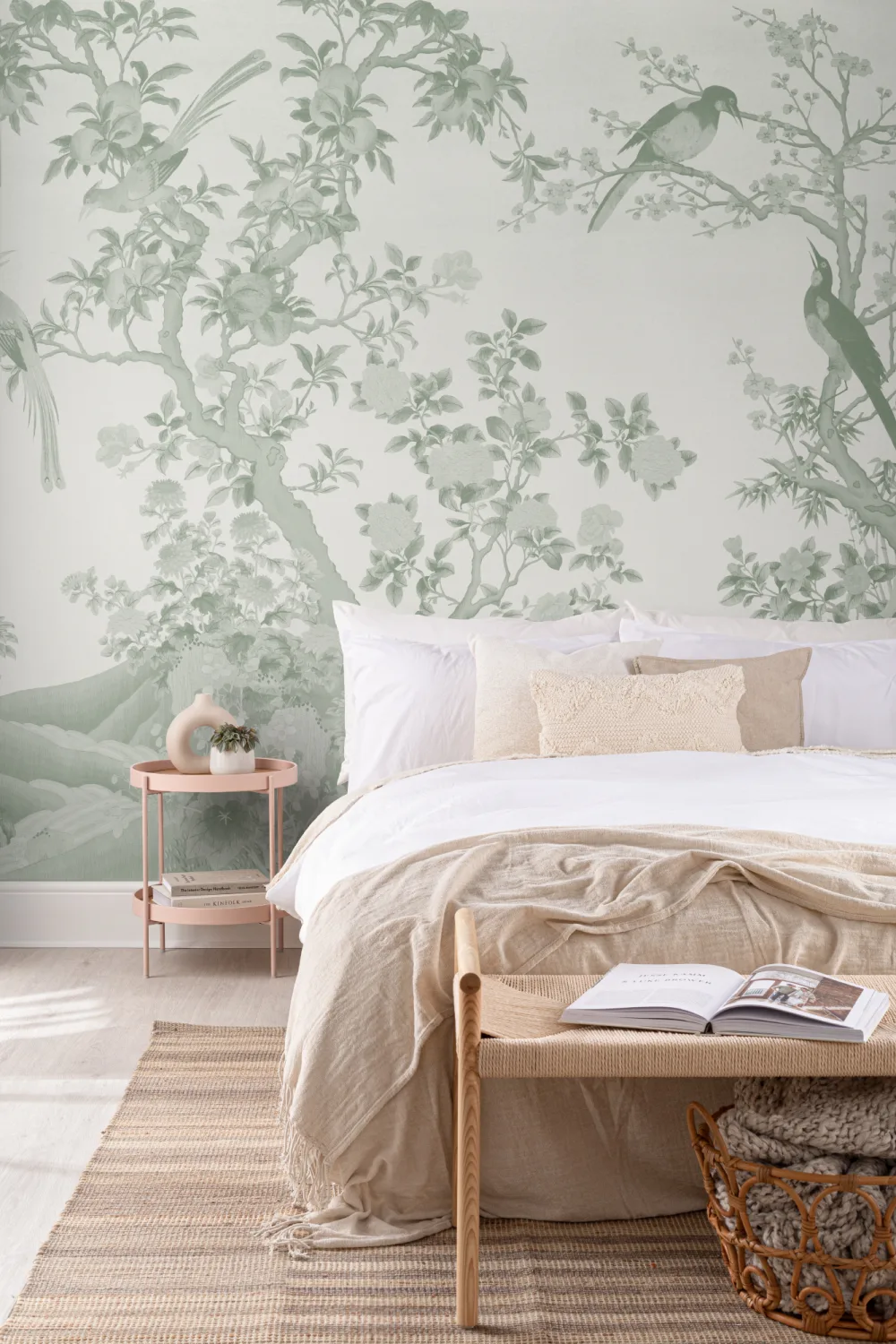 Tonal Green Chinoiserie Vintage Garden Scene Mural