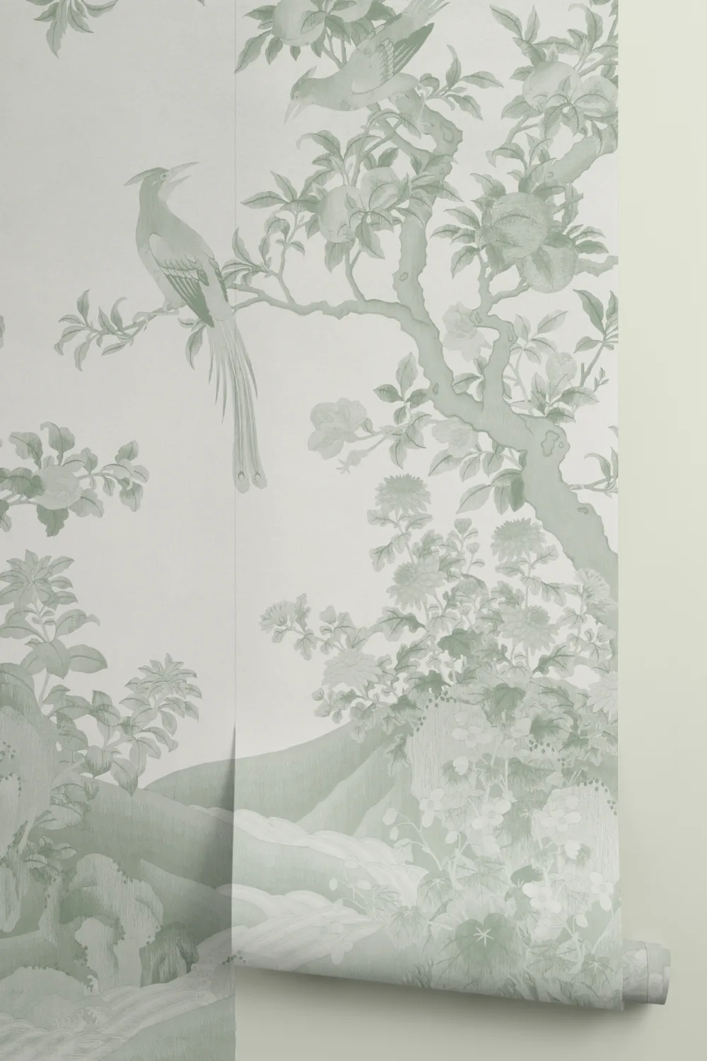 Tonal Green Chinoiserie Vintage Garden Scene Mural