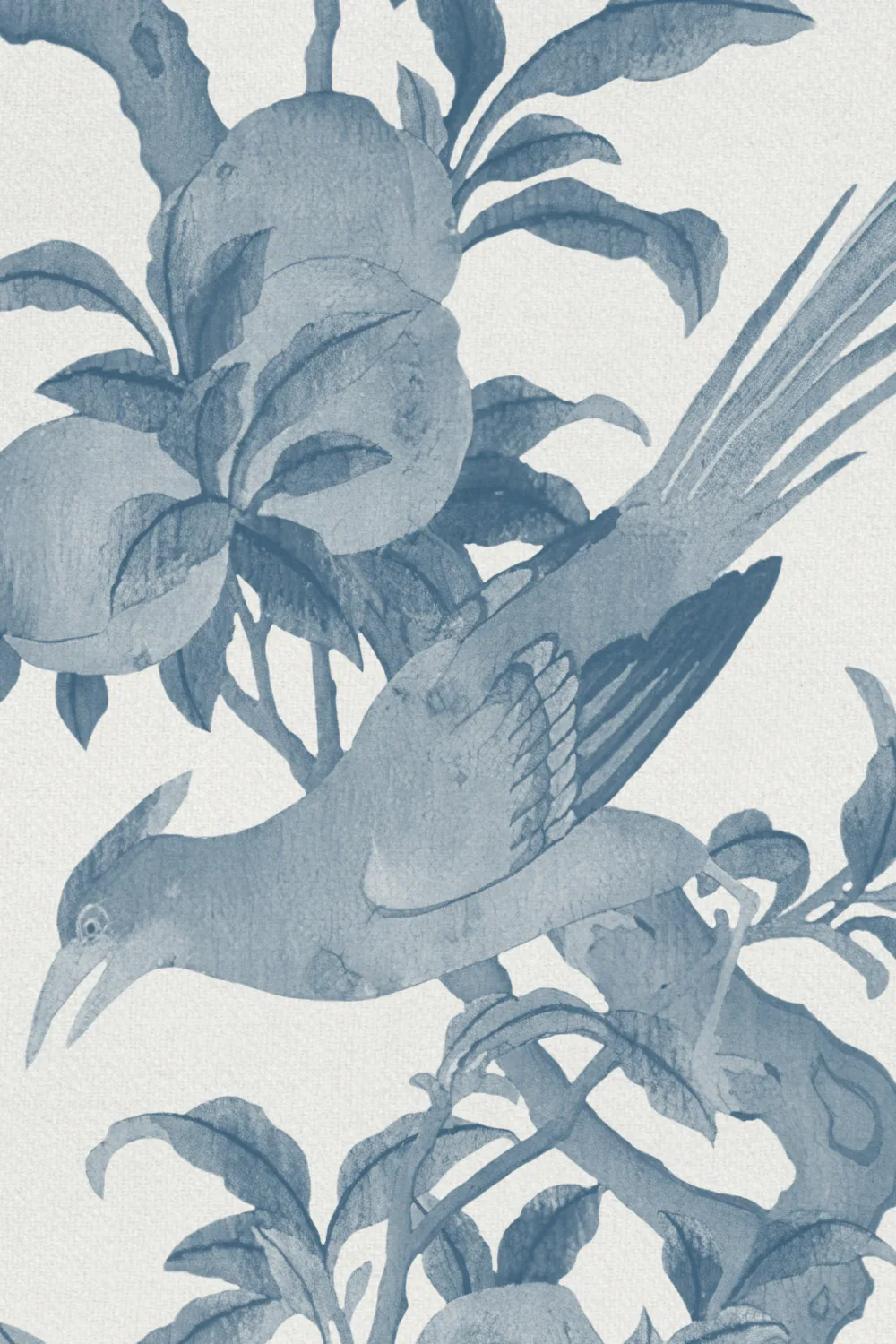 Carta da parati blu tonale con scena di giardino vintage a cineseria