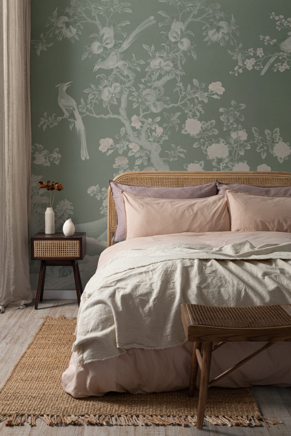 Green Chinoiserie Vintage Garden Scene Mural