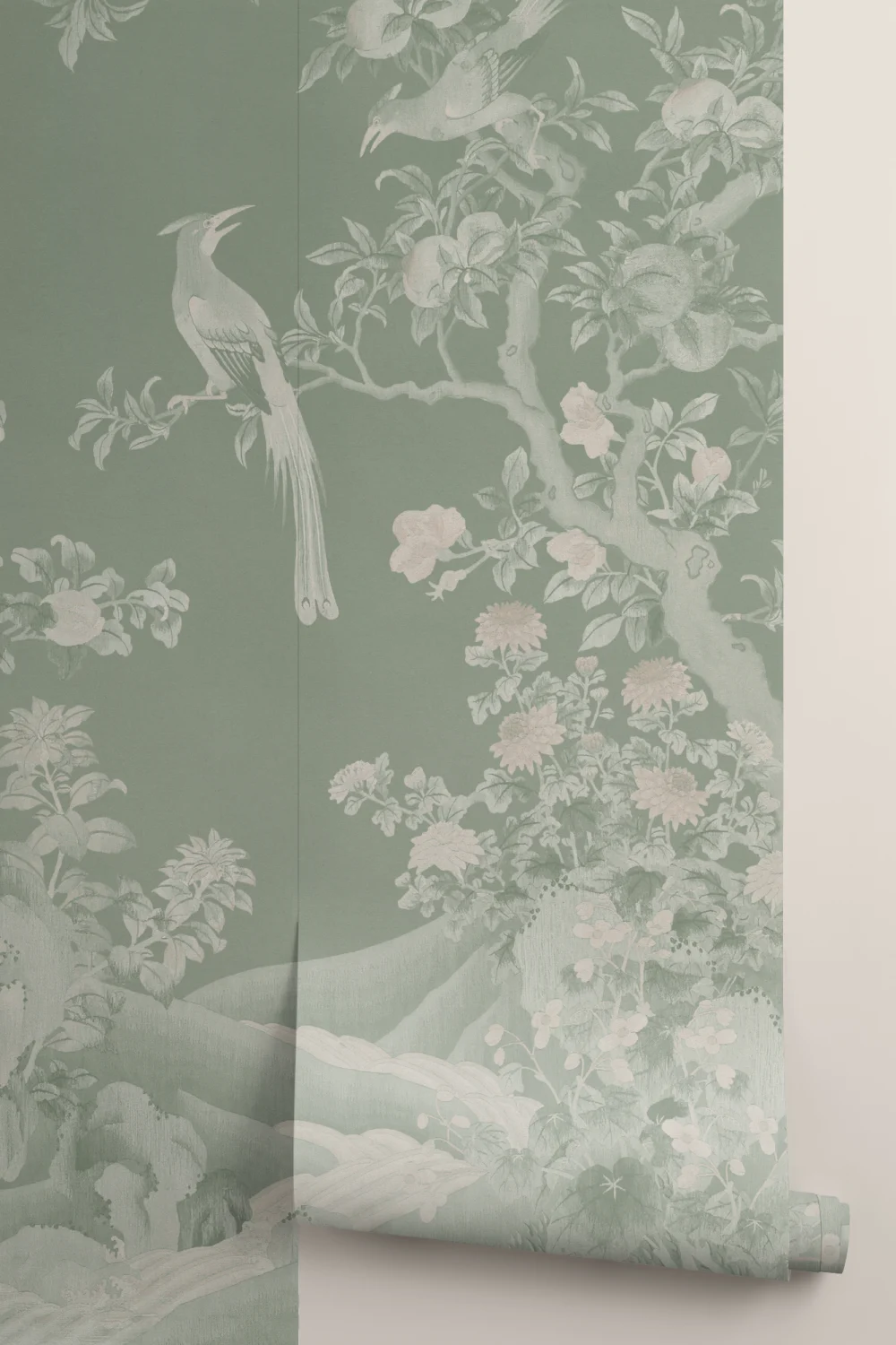 Green Chinoiserie Vintage Garden Scene Mural