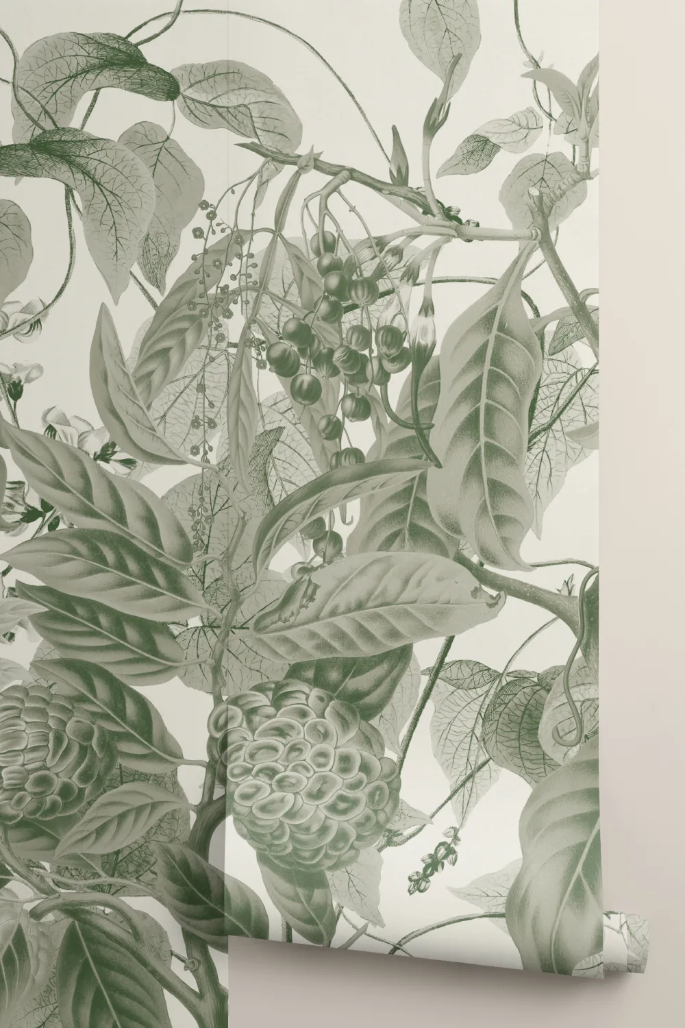 Lush Vintage Botanical Wall Mural in Green with Detailed Tropical Plant Illustrations