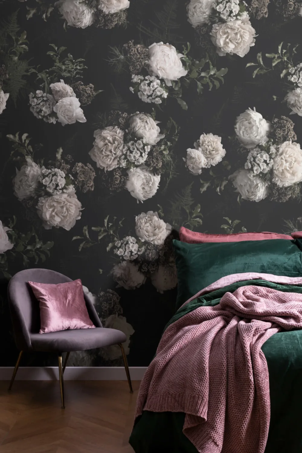 Black & White Dark Moody Floral Pattern Wallpaper Mural