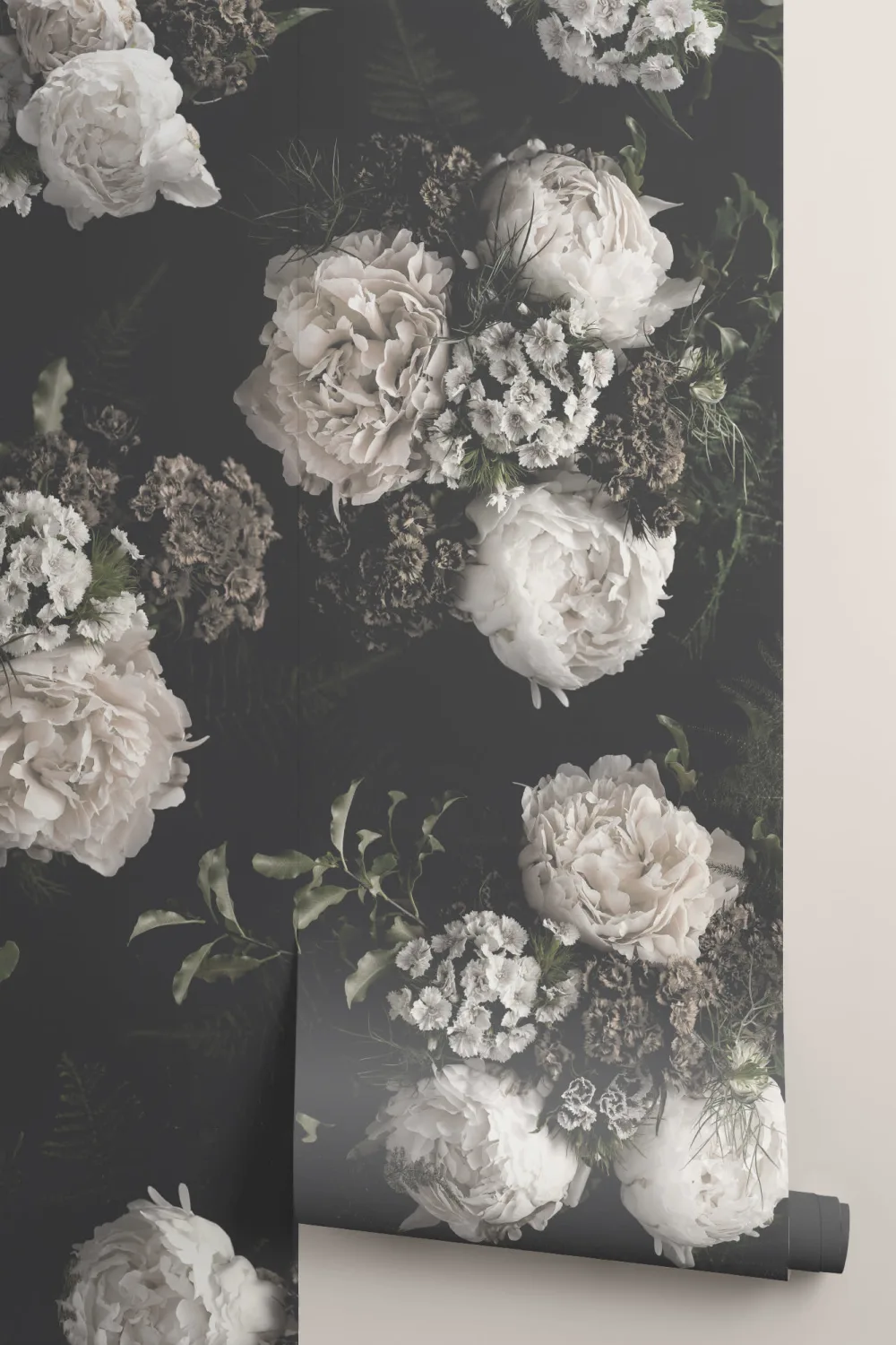 Black & White Dark Moody Floral Pattern Wallpaper Mural