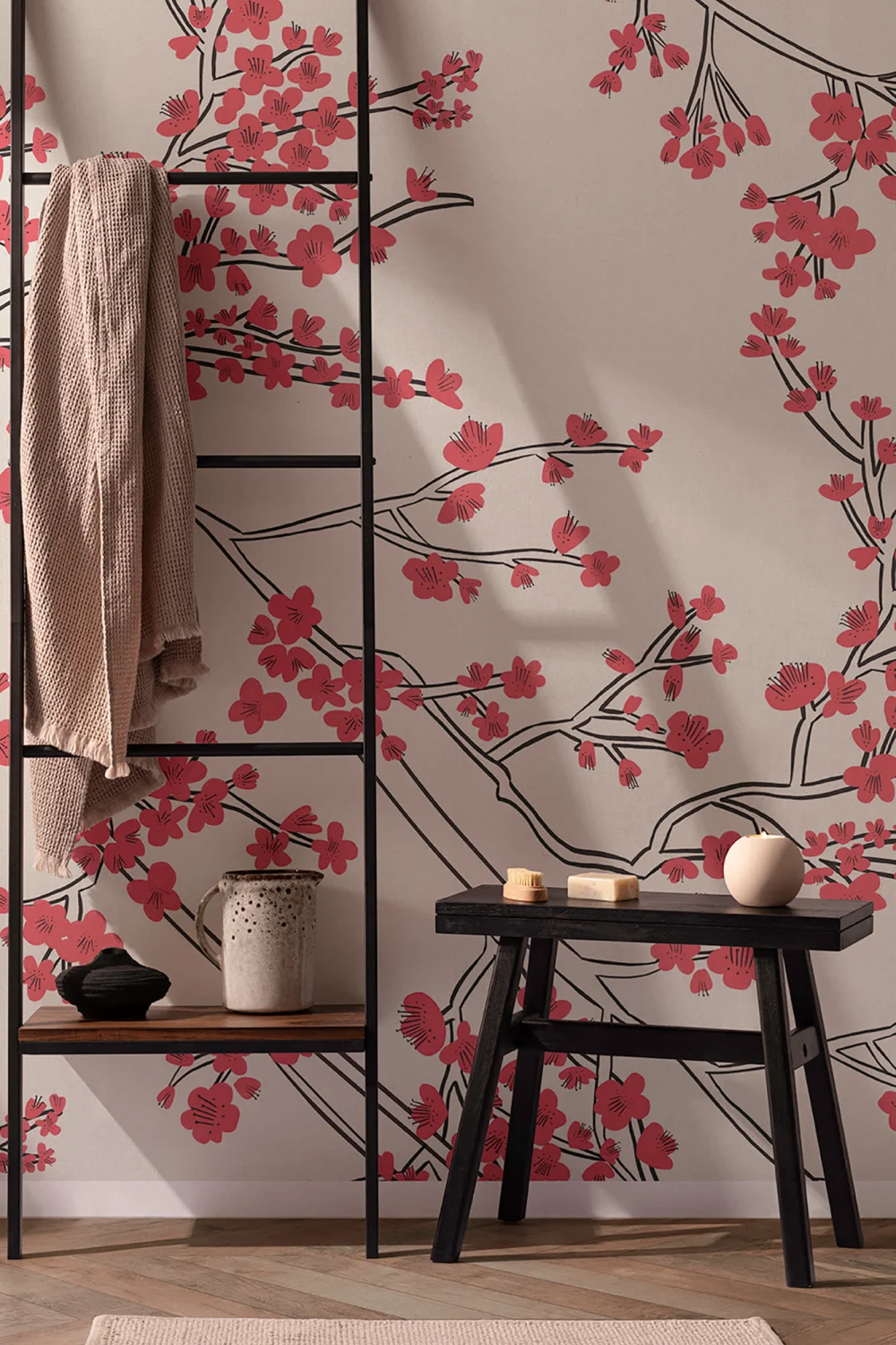 Mural Papel Pintado con Motivo de Rama de Flores de Cerezo Japonesas