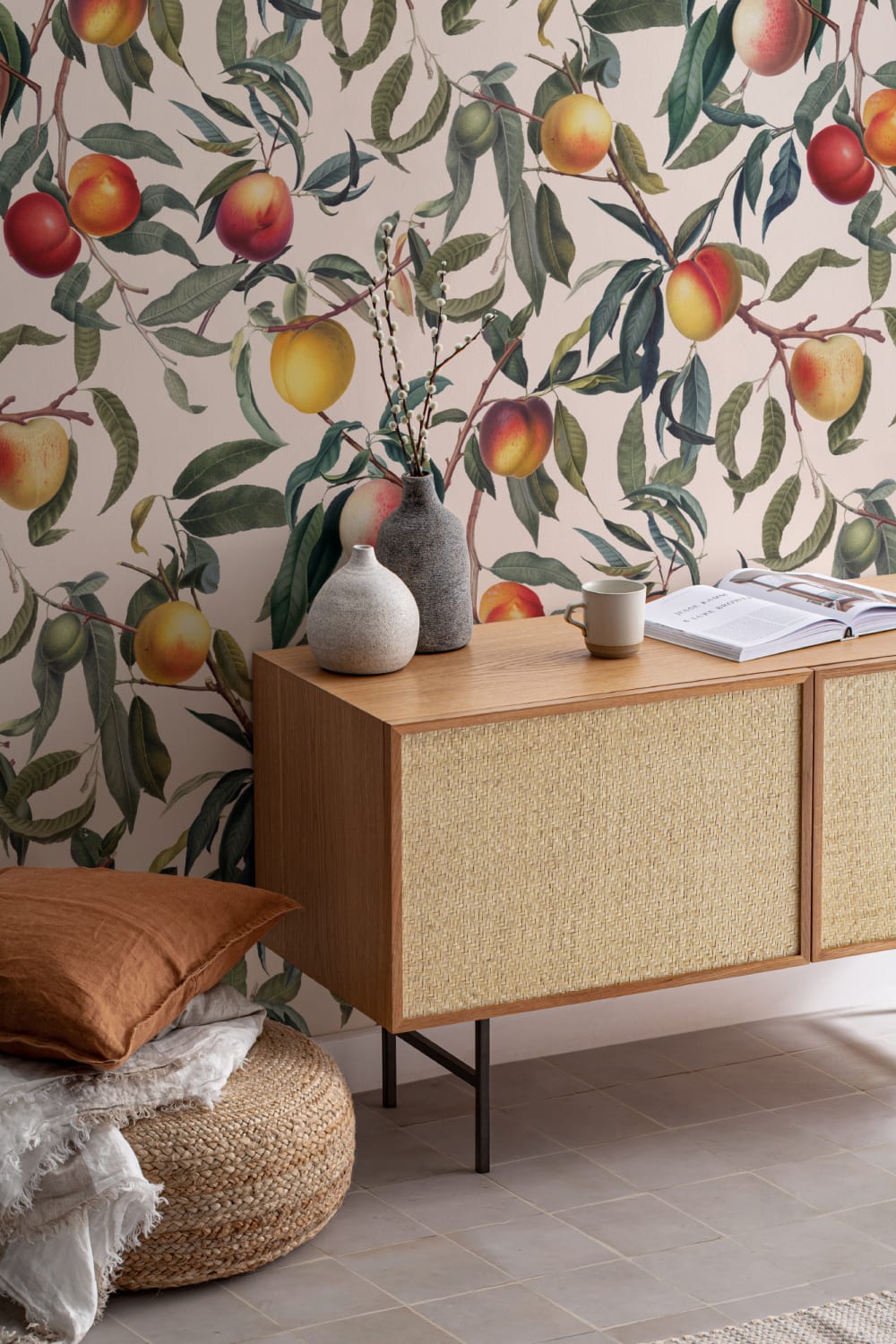 Cream and Green Vintage Botanical Peach Fruit Repeat Pattern Wallpaper
