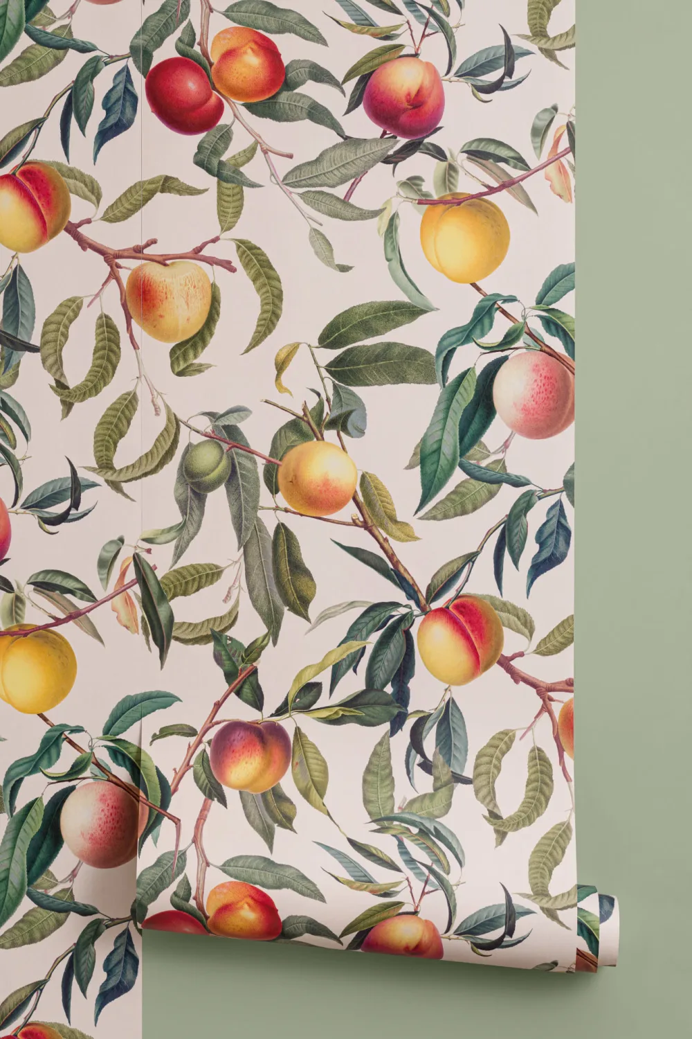 Cream and Green Vintage Botanical Peach Fruit Repeat Pattern Wallpaper