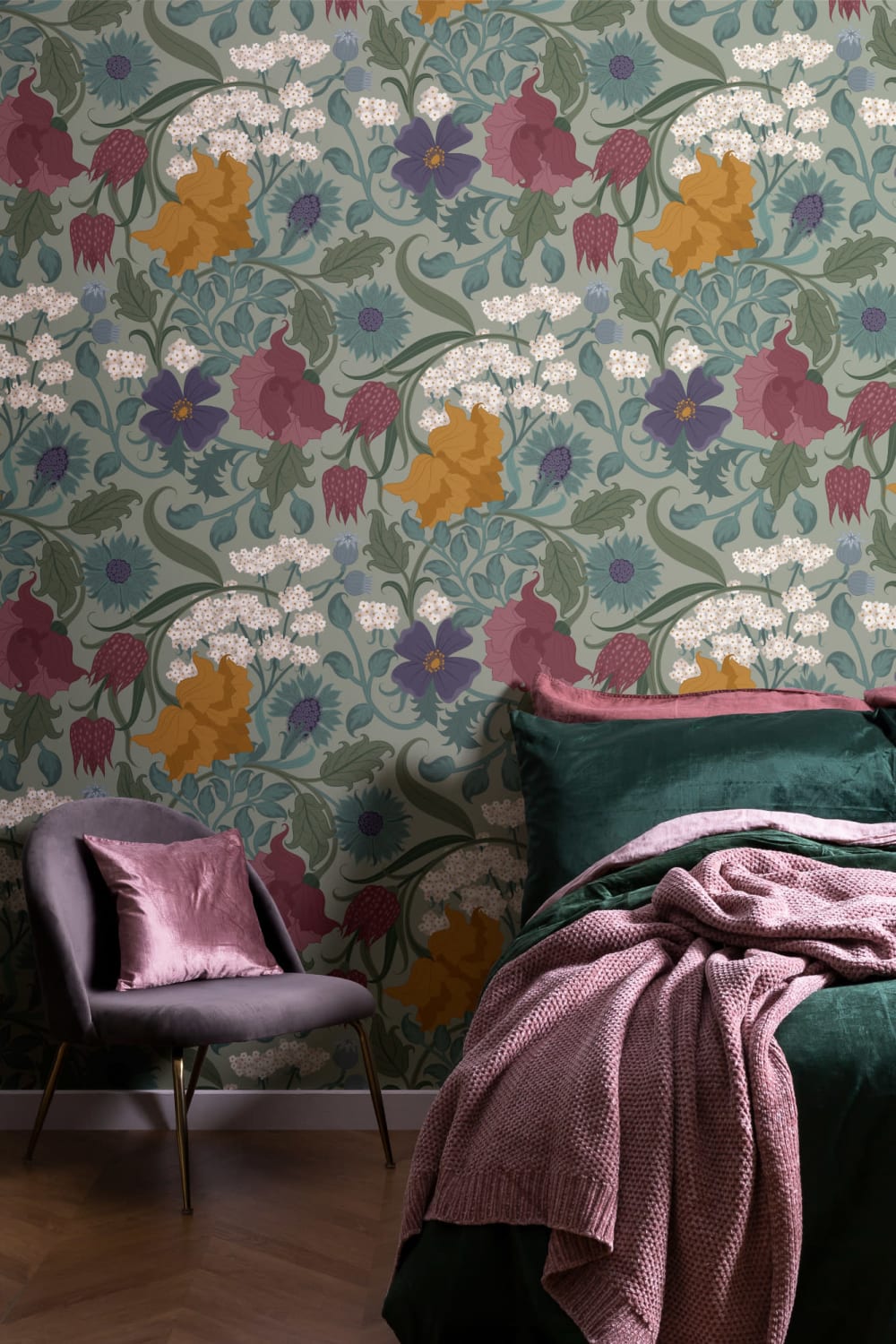 Papier Peint Fleuri Vintage en Vert et Ocre