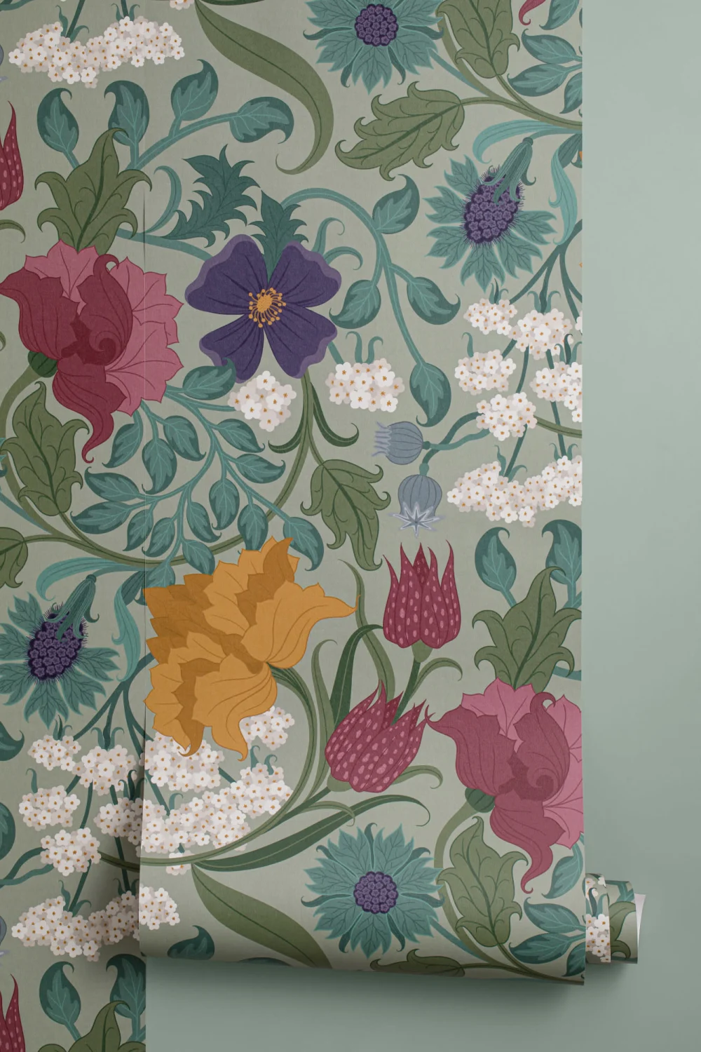 Papier Peint Fleuri Vintage en Vert et Ocre